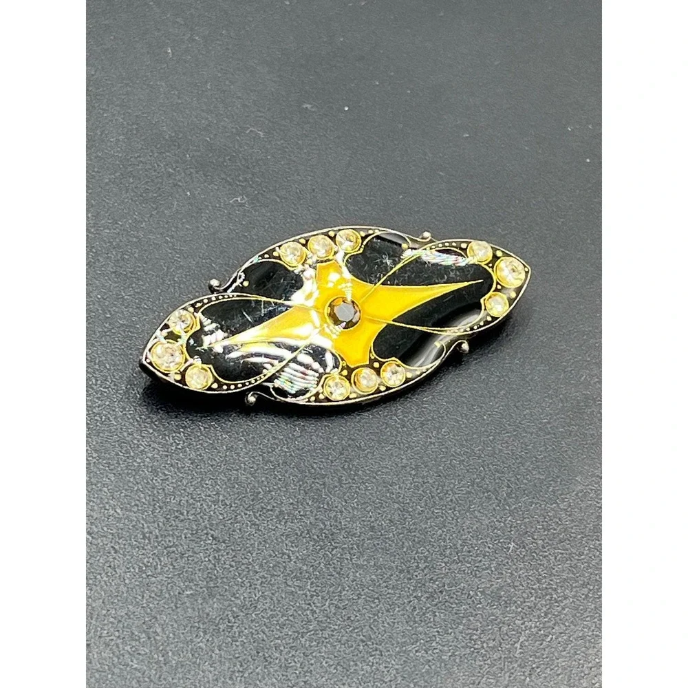 Catherine Popesco Unsigned Black Enamel Gold Tone rhinestone Art Deco Brooch